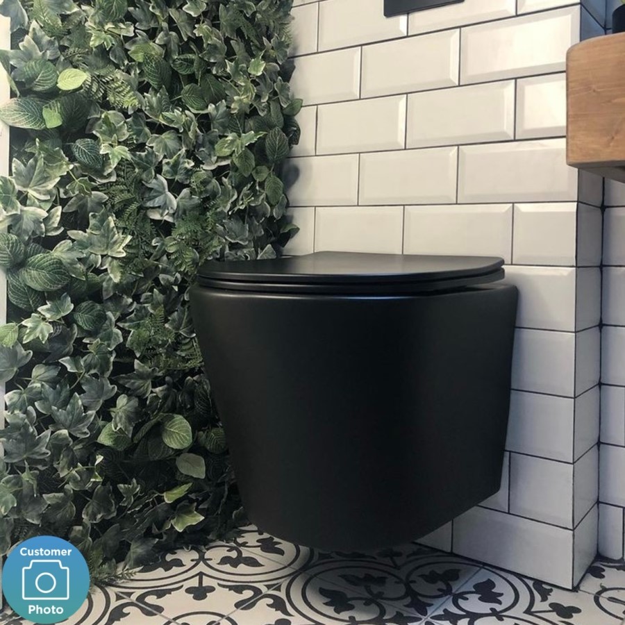 ONLY OPENED - Matt Black Wall Hung Rimless Short Projection Toilet with Soft Close Seat Verona