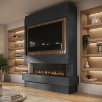 Self Build Media Wall with 3-Sided Electric Fireplace with 50inch Fire - AmberGlo