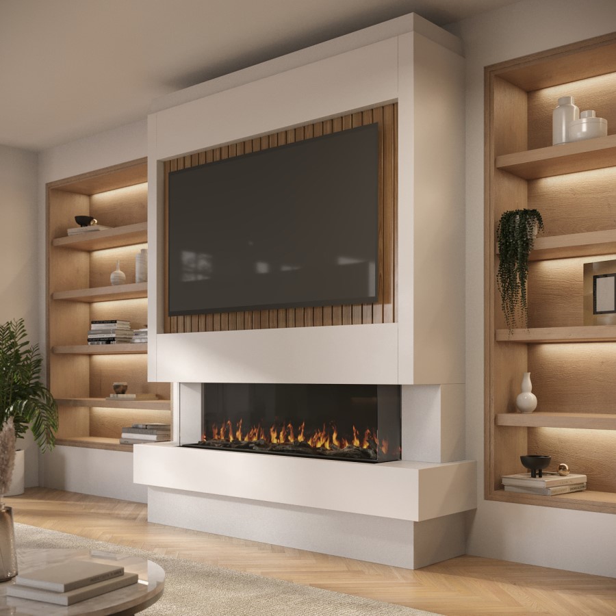 Self Build Media Wall with 3-Sided Electric Fireplace with 50inch Fire - AmberGlo