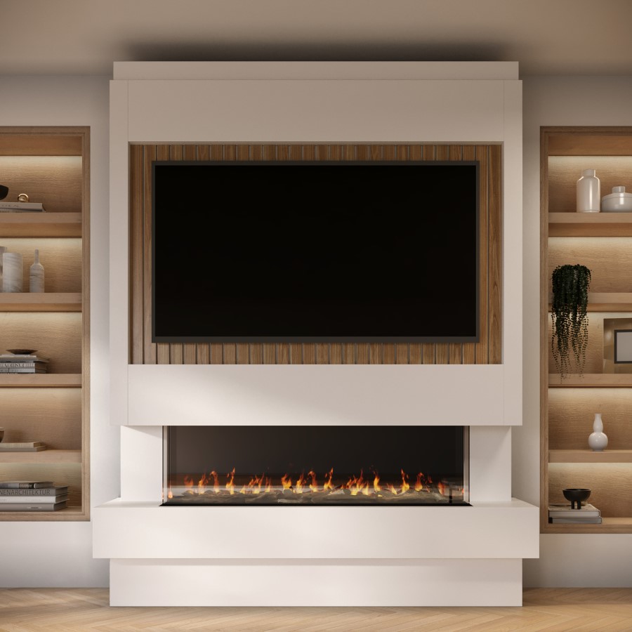 Self Build Media Wall with 3-Sided Electric Fireplace with 50inch Fire - AmberGlo