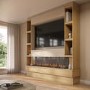 Self Build Oak Media Wall with Black 3-Sided Inset Electric Fire with Shelving - 50 Inch - AmberGlo