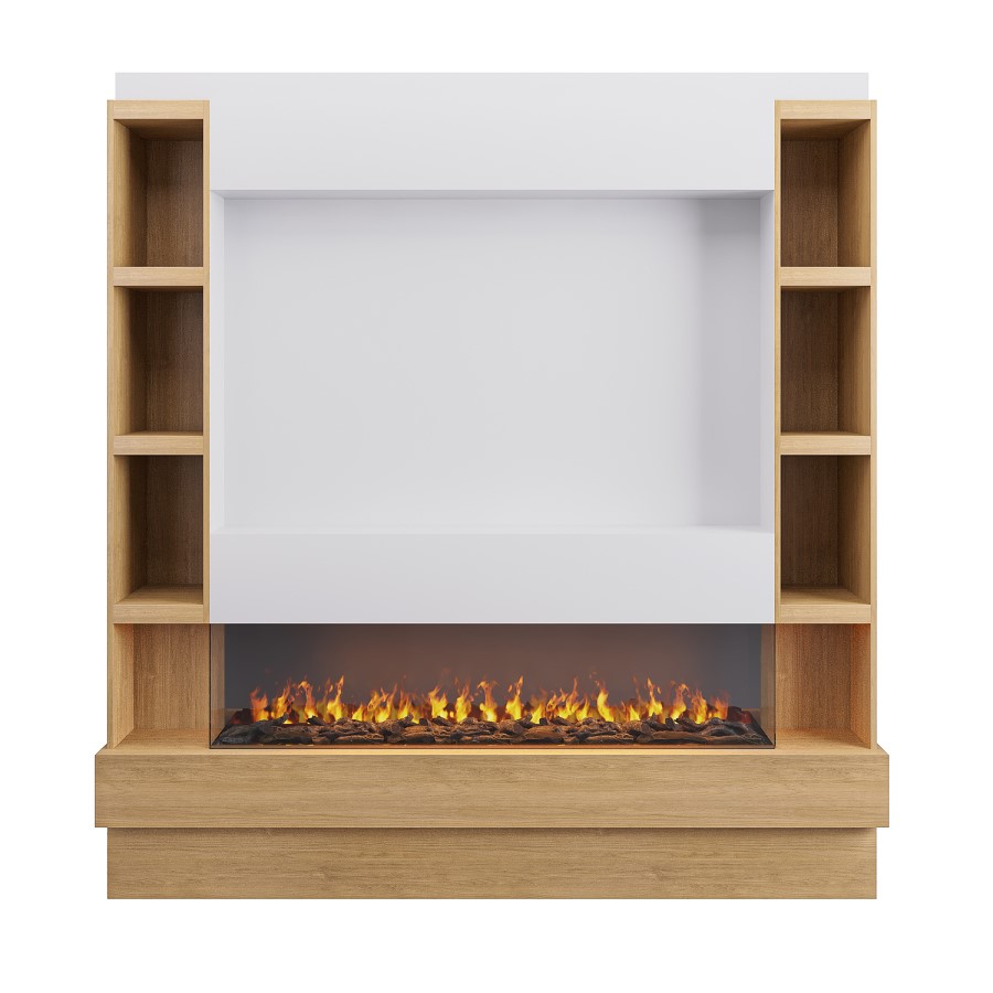 Self Build Oak Media Wall with Black 3-Sided Inset Electric Fire with Shelving - 50 Inch - AmberGlo