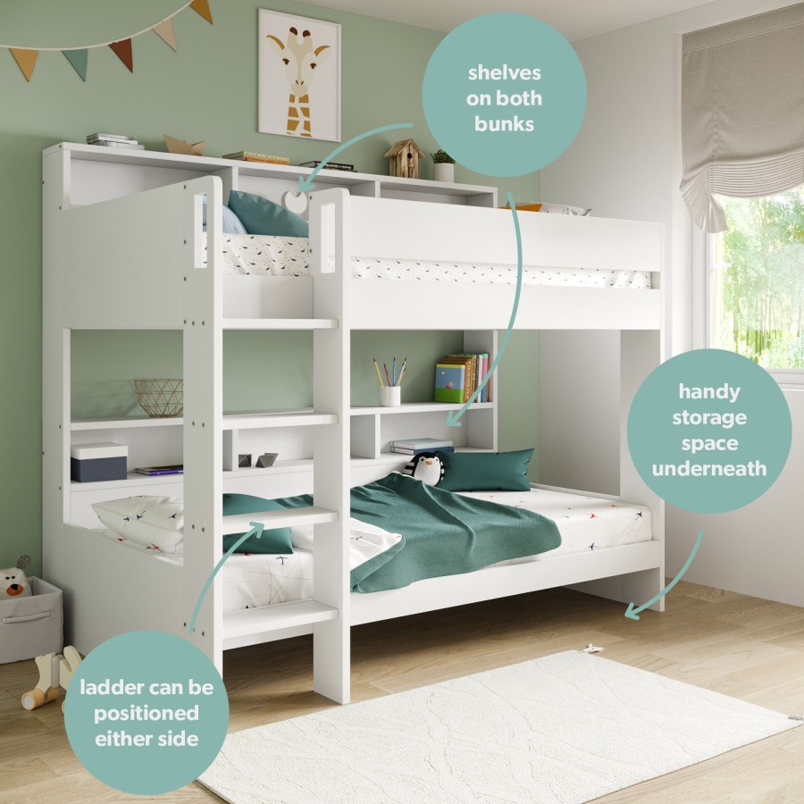 White Bunk Bed with Storage Shelves and Drawer - Aire