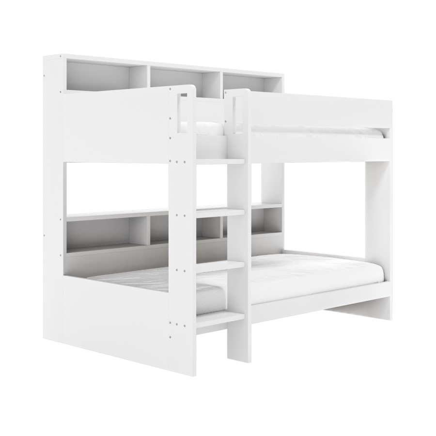 White Bunk Bed with Storage Shelves and Drawer - Aire