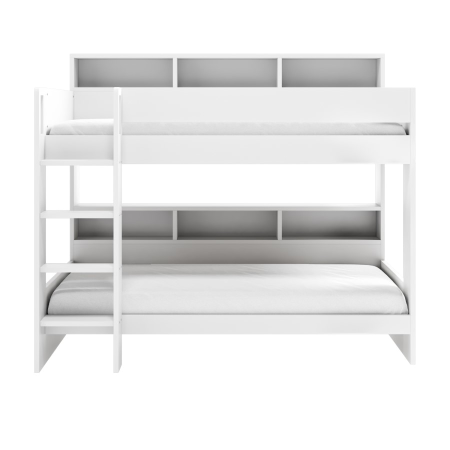 White Bunk Bed with Storage Shelves and Drawer - Aire