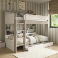 White & Oak Bunk Bed with Storage Shelves and Drawer - Aire