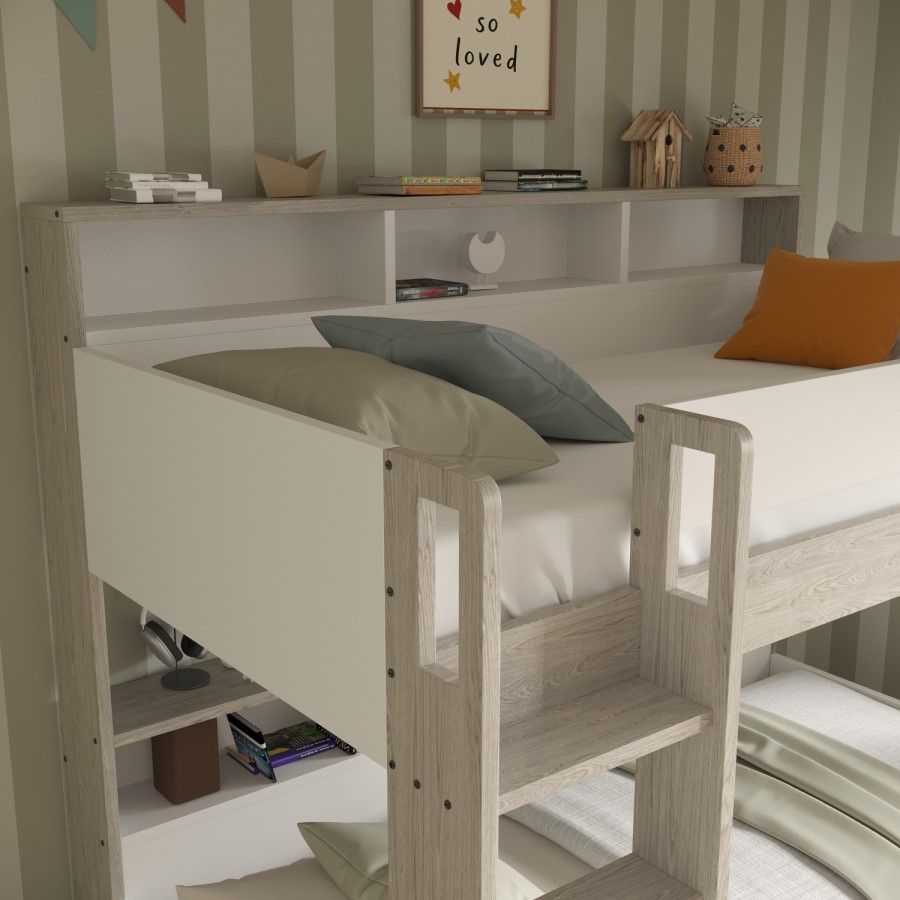 White & Oak Bunk Bed with Storage Shelves and Drawer - Aire