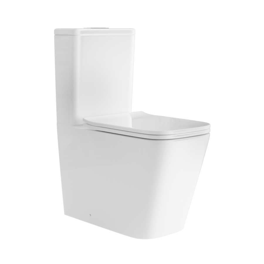 Close Coupled Back to Wall Rimless Toilet with Soft Close Seat and Square Chrome Flush Button - Albi