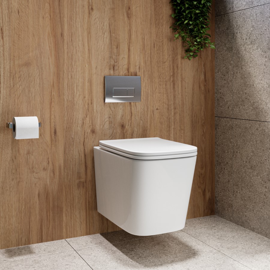 Wall Hung Toilet with Soft Close Seat, Pneumatic Chrome Flush Plate, 820mm Frame & Cistern - Albi