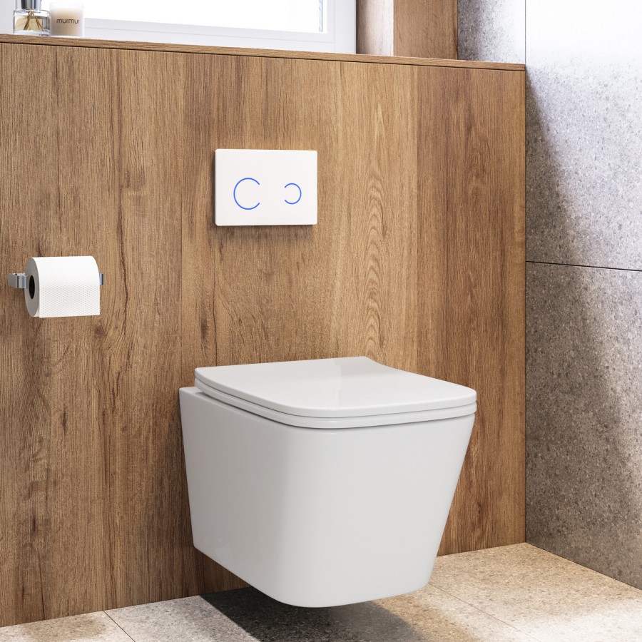 Wall Hung Toilet with Soft Close Seat, White Glass Sensor Flush Plate, 820mm Frame & Cistern - Albi