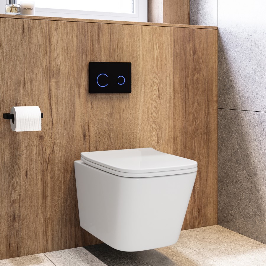 Wall Hung Toilet with Soft Close Seat, Black Glass Sensor Flush Plate, 820mm Frame & Cistern - Albi