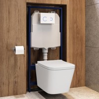 Wall Hung Toilet with Soft Close Seat, White Glass Sensor Flush Plate, 1168mm Frame & Cistern - Albi