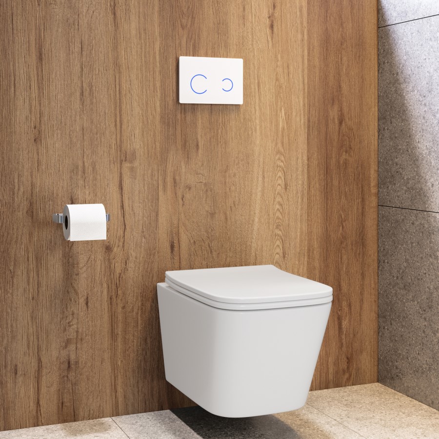 Wall Hung Toilet with Soft Close Seat, White Glass Sensor Flush Plate, 1168mm Frame & Cistern - Albi