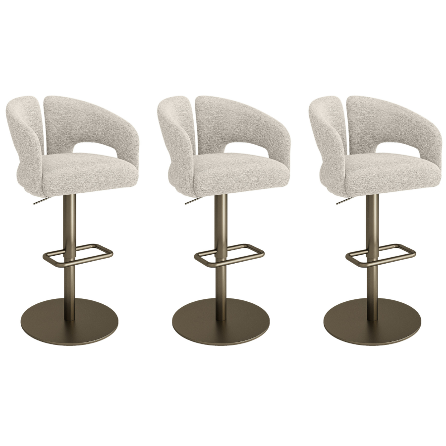 Set of 3 Beige Upholstered Adjustable Swivel Bar Stools with Brass Base - Azalea