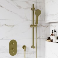 Brushed Brass 1 Outlet Thermostatic Mixer Shower Set with Round Hand Shower & Slide Rail Kit - Arissa