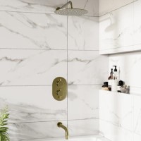 Brushed Brass 2 Outlet Wall Mounted Thermostatic Mixer Shower Set with Bath Filler Spout - Arissa