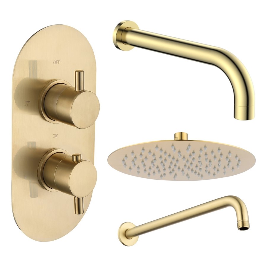 Brushed Brass 2 Outlet Wall Mounted Thermostatic Mixer Shower Set with Bath Filler Spout - Arissa