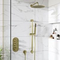 Brushed Brass 2 Outlet Wall Mounted Thermostatic Mixer Shower Set with Hand Shower and Diverter Controls - Arissa