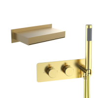 Brushed Brass 2 Outlet Thermostatic Mixer Shower Set with Square Bath Filler Spout and Integrated Hand Shower - Zana