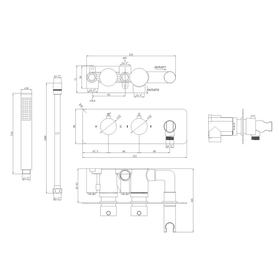 Brushed Brass 2 Outlet Thermostatic Mixer Shower Set with Square Bath Filler Spout and Integrated Hand Shower - Zana