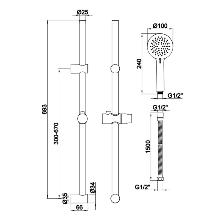 Black Thermostatic Round Bar Mixer Shower Set with Slide Rail Kit - Arissa