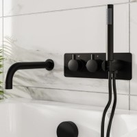Black 2 Outlet Thermostatic Mixer Shower Set with Bath Filler Spout and Integrated Hand Shower - Arissa