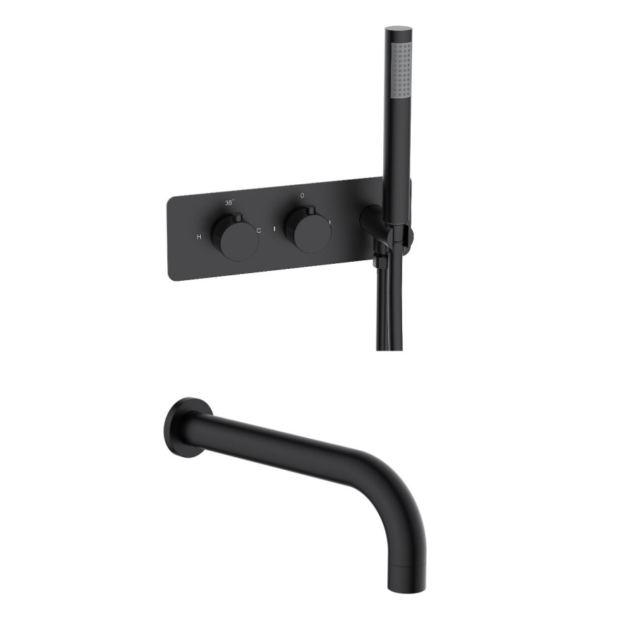 Black 2 Outlet Thermostatic Mixer Shower Set with Bath Filler Spout and Integrated Hand Shower - Arissa