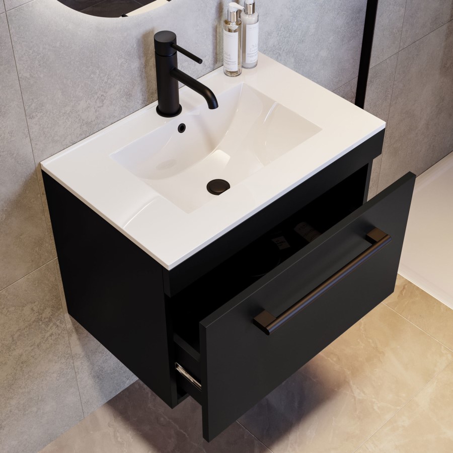 600mm Black Wall Hung Vanity Unit with Basin and Black Handle - Ashford