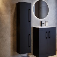Double Door Black Wall Mounted Tall Bathroom Cabinet with Black Handles 350 x 1400mm - Ashford