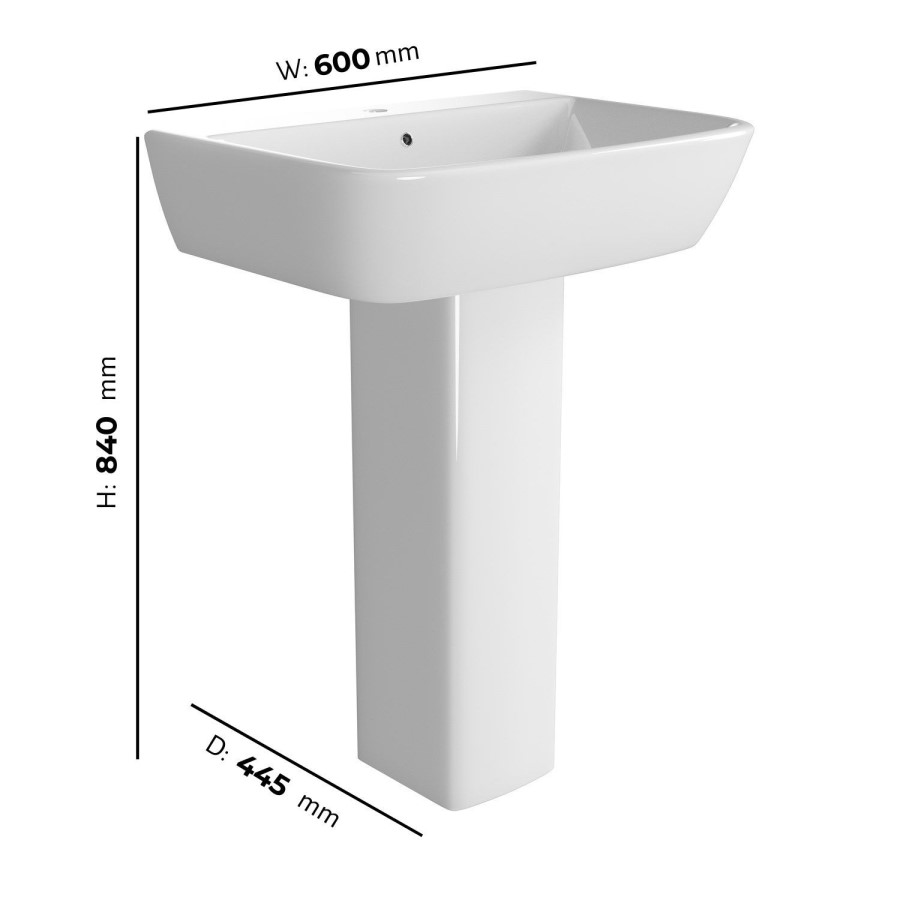 600mm Full Pedestal Basin with 1 Tap Hole - Atlanta