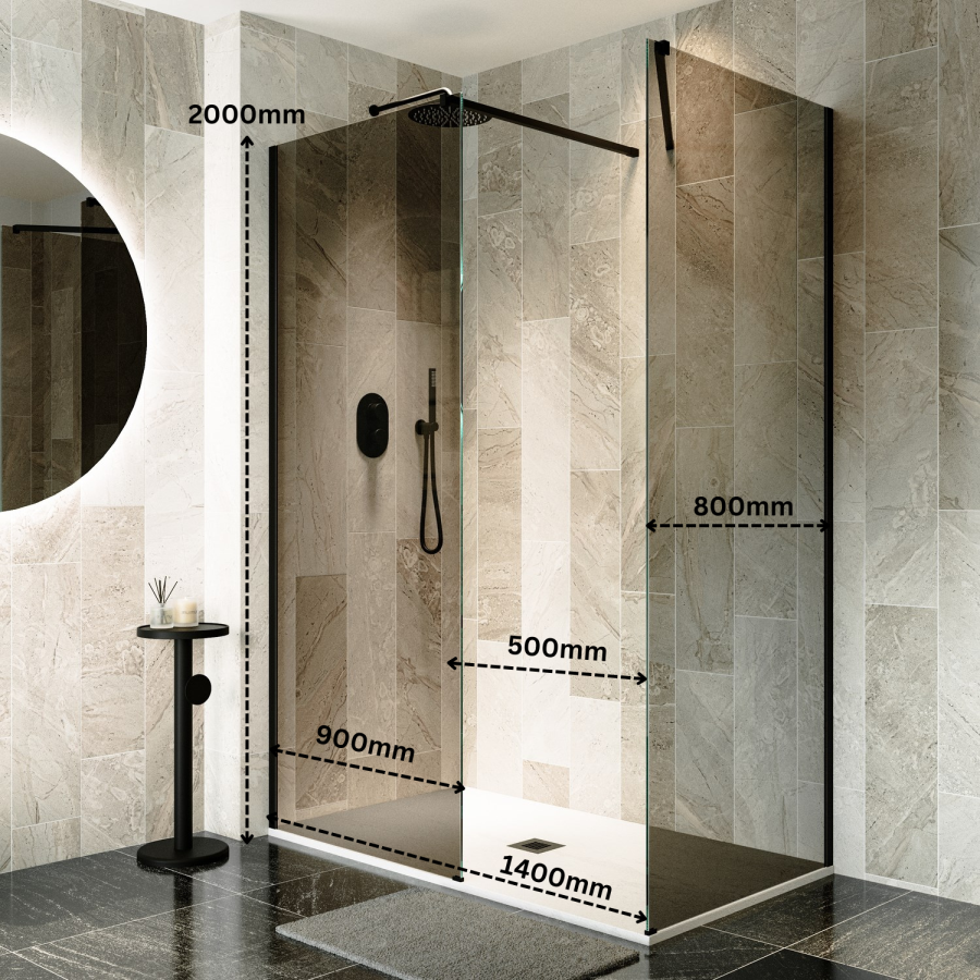 1400x900mm Black Smoked/Frosted Glass Shower Enclosure for Wet Room & Walk In Shower - Atlas