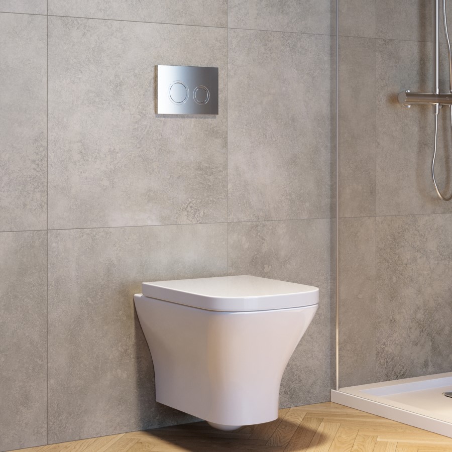 Wall Hung Rimless Toilet with Soft Close Seat, Chrome Mechanical Flush Plate, 1160mm Frame & Cistern - Austin