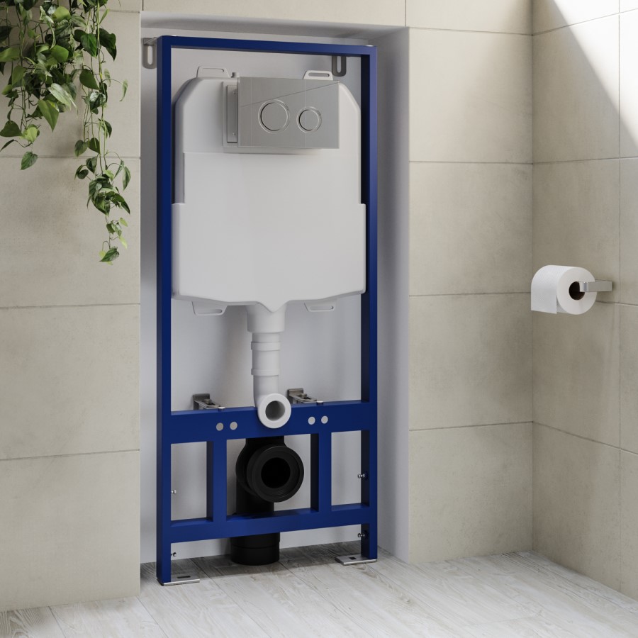 Wall Hung Rimless Toilet with Soft Close Seat, Chrome Mechanical Flush Plate, 1160mm Frame & Cistern - Austin