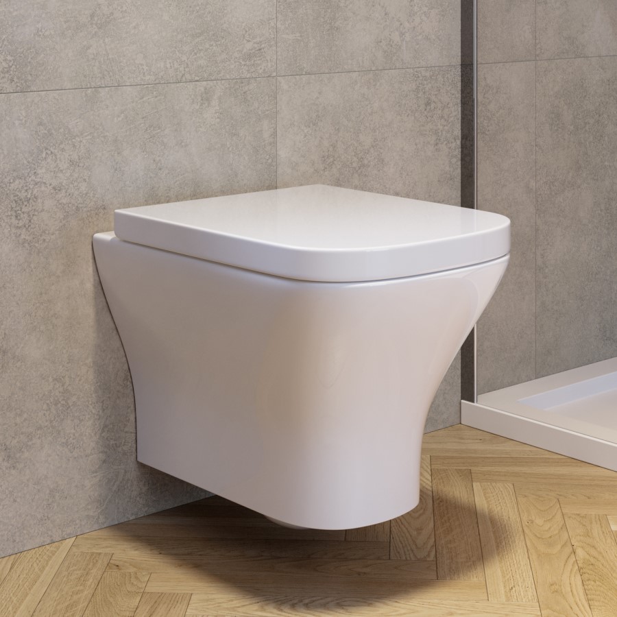 Wall Hung Rimless Toilet with Soft Close Seat, Black Glass Pneumatic Flush Plate, 820mm Frame & Cistern - Austin