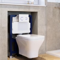 Wall Hung Rimless Toilet with Soft Close Seat, White Glass Pneumatic Flush Plate, 820mm Frame & Cistern - Austin