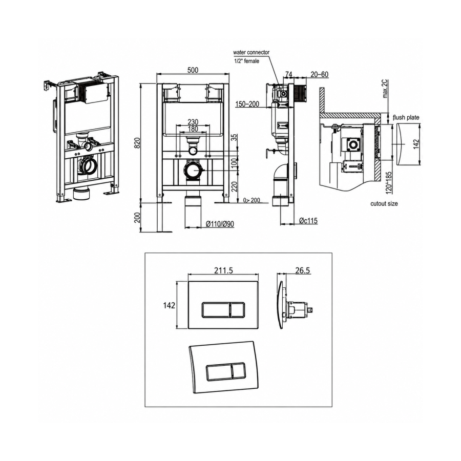 Wall Hung Rimless Toilet with Soft Close Seat, White Glass Pneumatic Flush Plate, 820mm Frame & Cistern - Austin