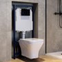 Wall Hung Rimless Toilet with Soft Close Seat, Black Glass Pneumatic Flush Plate, 1160mm Frame & Cistern - Austin