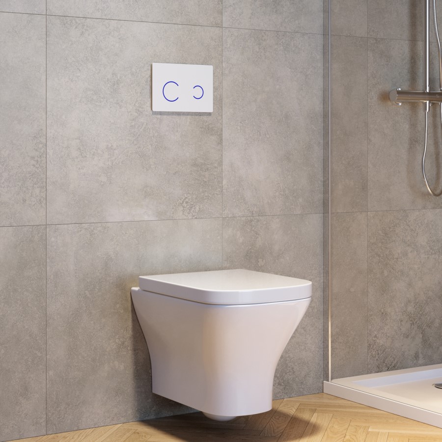 Wall Hung Rimless Toilet with Soft Close Seat, White Glass Pneumatic Flush Plate, 1160mm Frame & Cistern - Austin