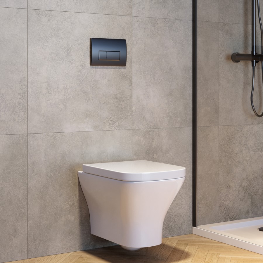 Wall Hung Rimless Toilet with Soft Close Seat, Gunmetal Grey Pneumatic Flush Plate, 1160mm Frame & Cistern - Austin