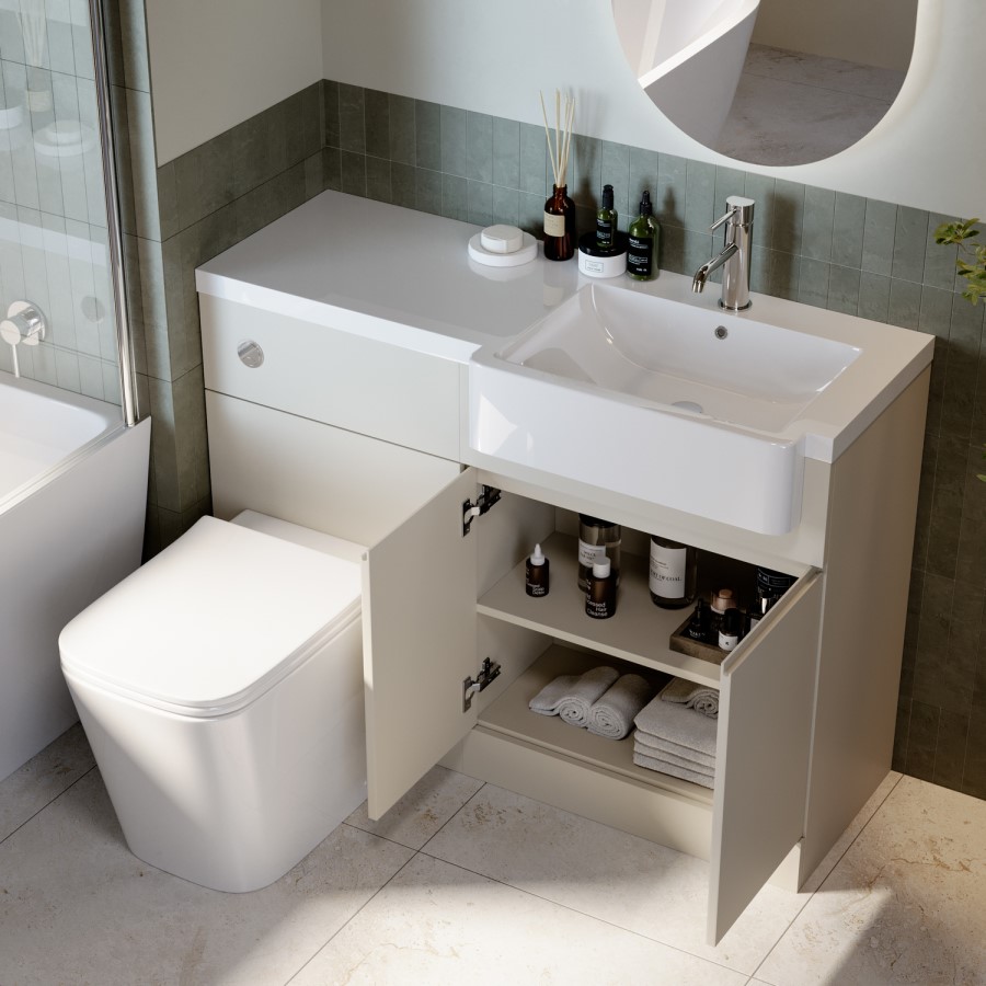 1100mm Beige Right Hand Toilet and Sink Unit with Square Toilet and Chrome Fittings - Bali