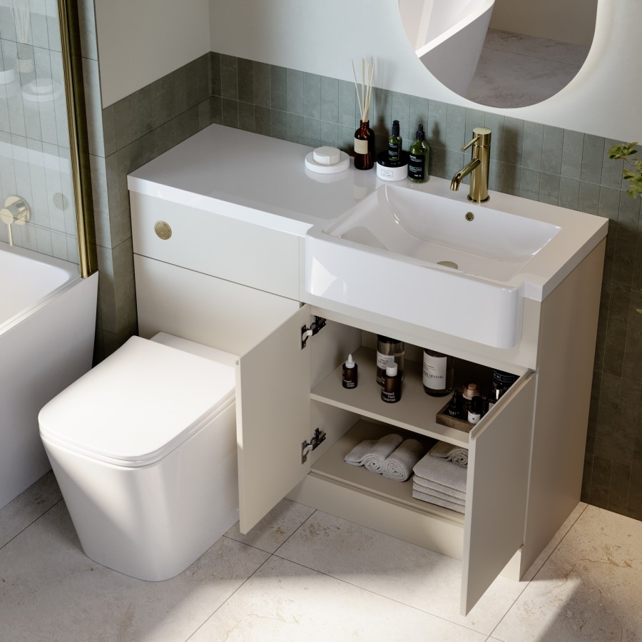 1100mm Beige Right Hand Toilet and Sink Unit with Square Toilet and Brass Fittings - Bali