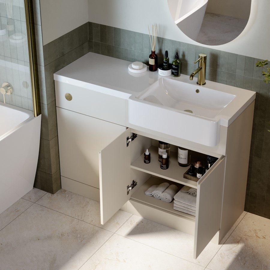 1100mm Beige Right Hand Toilet and Sink Unit with Brass Fittings - Unit & Basin Only - Bali