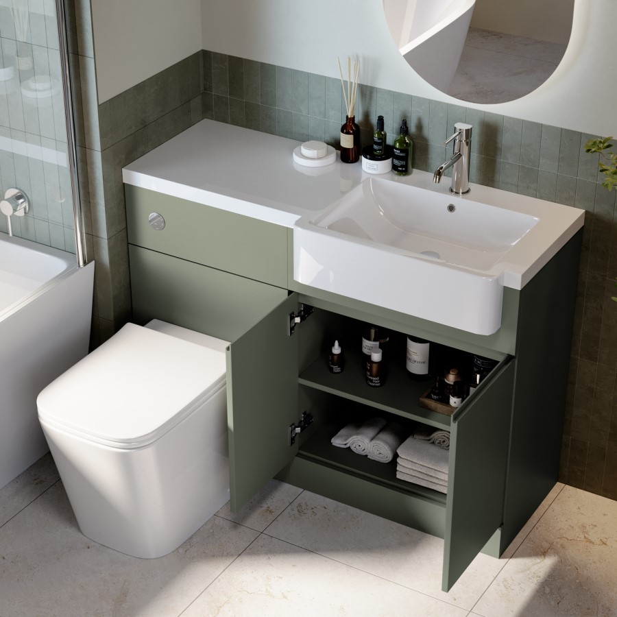 1100mm Green Right Hand Toilet and Sink Unit with Square Toilet and Chrome Fittings - Bali