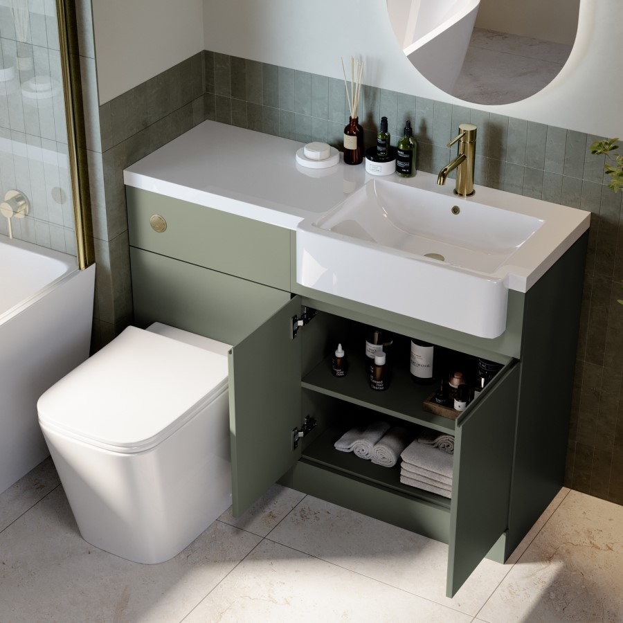 1100mm Green Right Hand Toilet and Sink Unit with Square Toilet and Brass Fittings - Bali