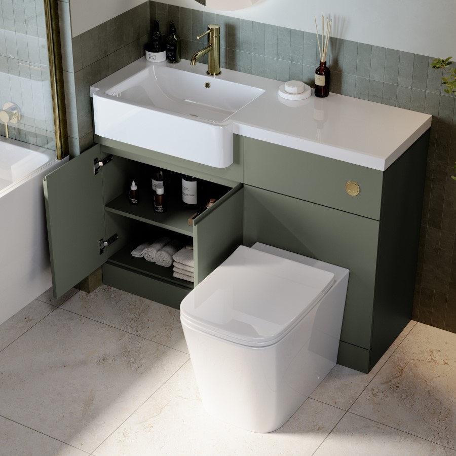 1100mm Green Left Hand Toilet and Sink Unit with Square Toilet and Brass Fittings - Bali