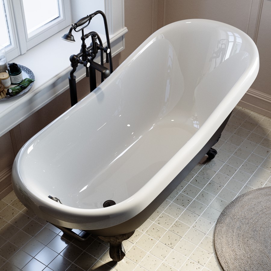 Black Freestanding Single Ended Roll Top Slipper Bath with Black Feet 1615 x 690mm - Park Royal