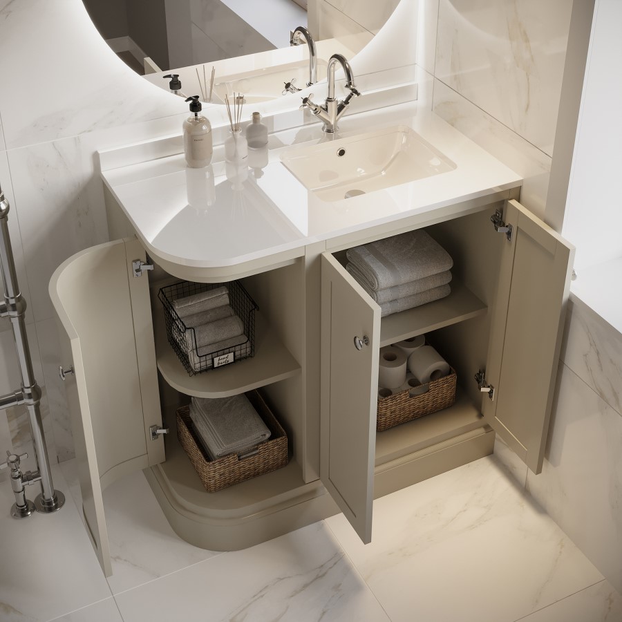 900mm Beige Curved Right Hand Corner Freestanding Vanity Unit with Basin - Bowland