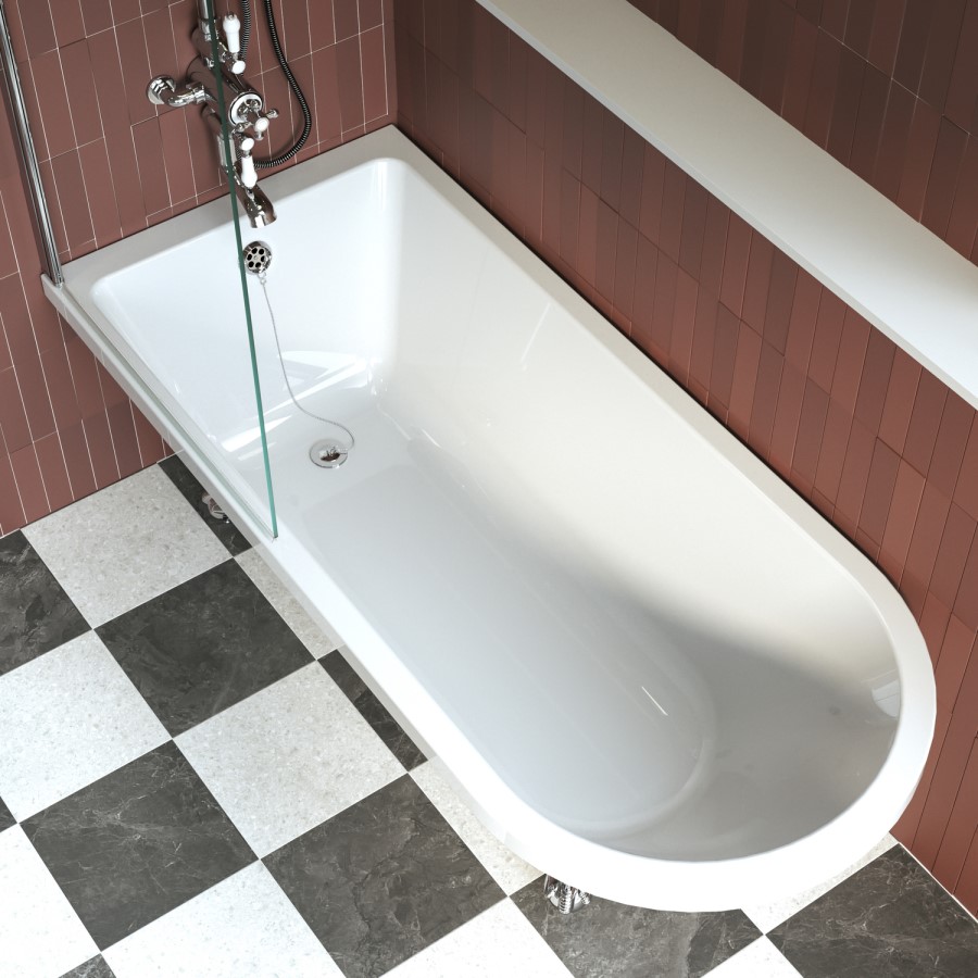 Freestanding Single Ended Shower Bath with Chrome Feet & Bath Screen 1670 x 740mm - Park Royal