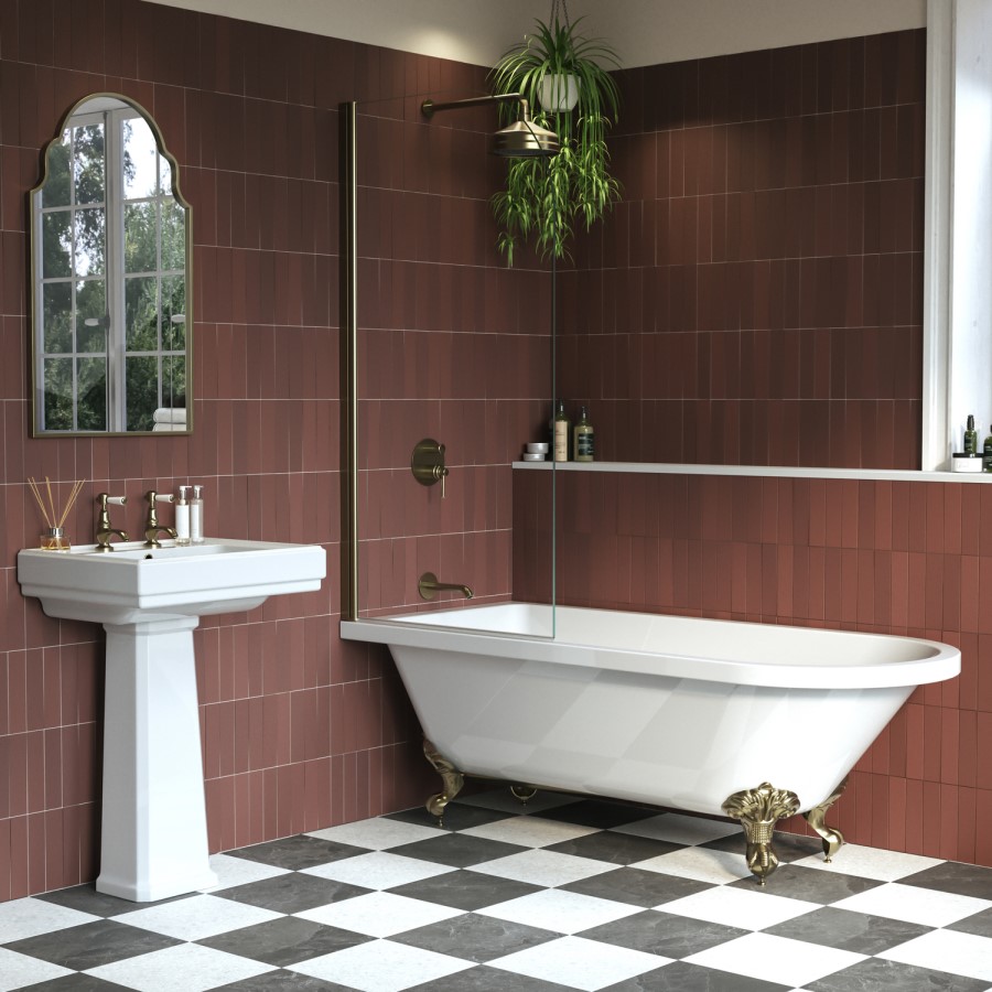 Freestanding Single Ended Shower Bath with Brushed Brass Screen & Feet 1670 x 740 mm - Park Royal