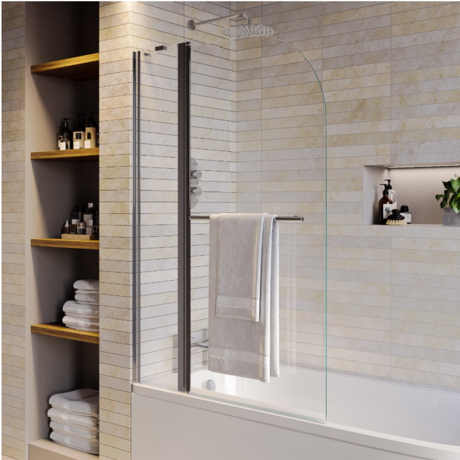 Single Ended Shower Bath with Front Panel & Hinged Chrome Bath Screen with Towel Rail 1700 x 700mm - Alton